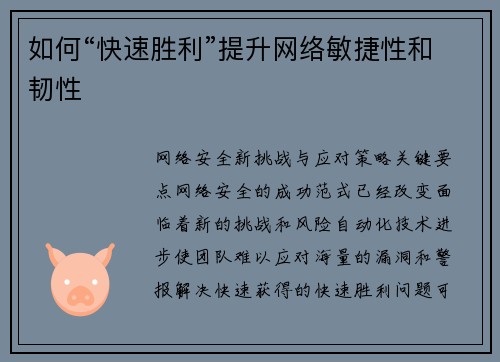 如何“快速胜利”提升网络敏捷性和韧性 